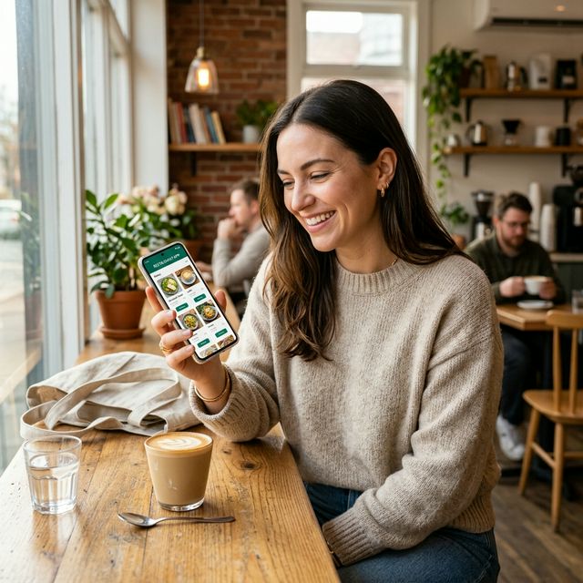 Happy cafe customer scanning menu