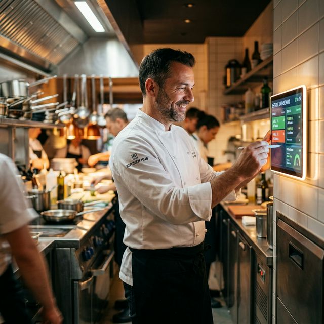 Chef looking at digital KDS display