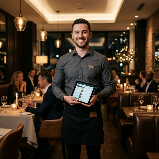 Waiter looking at tablet